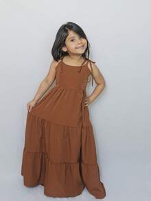 Vestido longo liso laço infantil e juvenil para crianças e adolescentes maravilhosas - Marrom - Visão 5