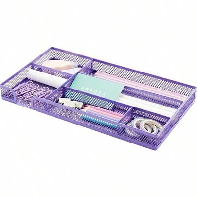 Desk Drawer Organizer Tray For Office Organization Metal Mesh Storage Tray With Dividers For Pens Desktop Accessories Bathroom Kitchen Makeup And Office Supplies Small (Purple)