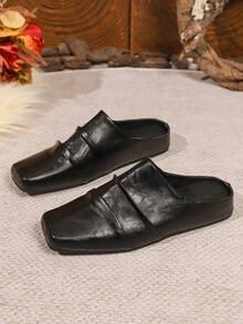 2025 Spring/Autumn Preppy Style Pleated Slip-On Mules With Hidden Wedge Heel For Women, Square Toe Flats Loafers - Black - View 4