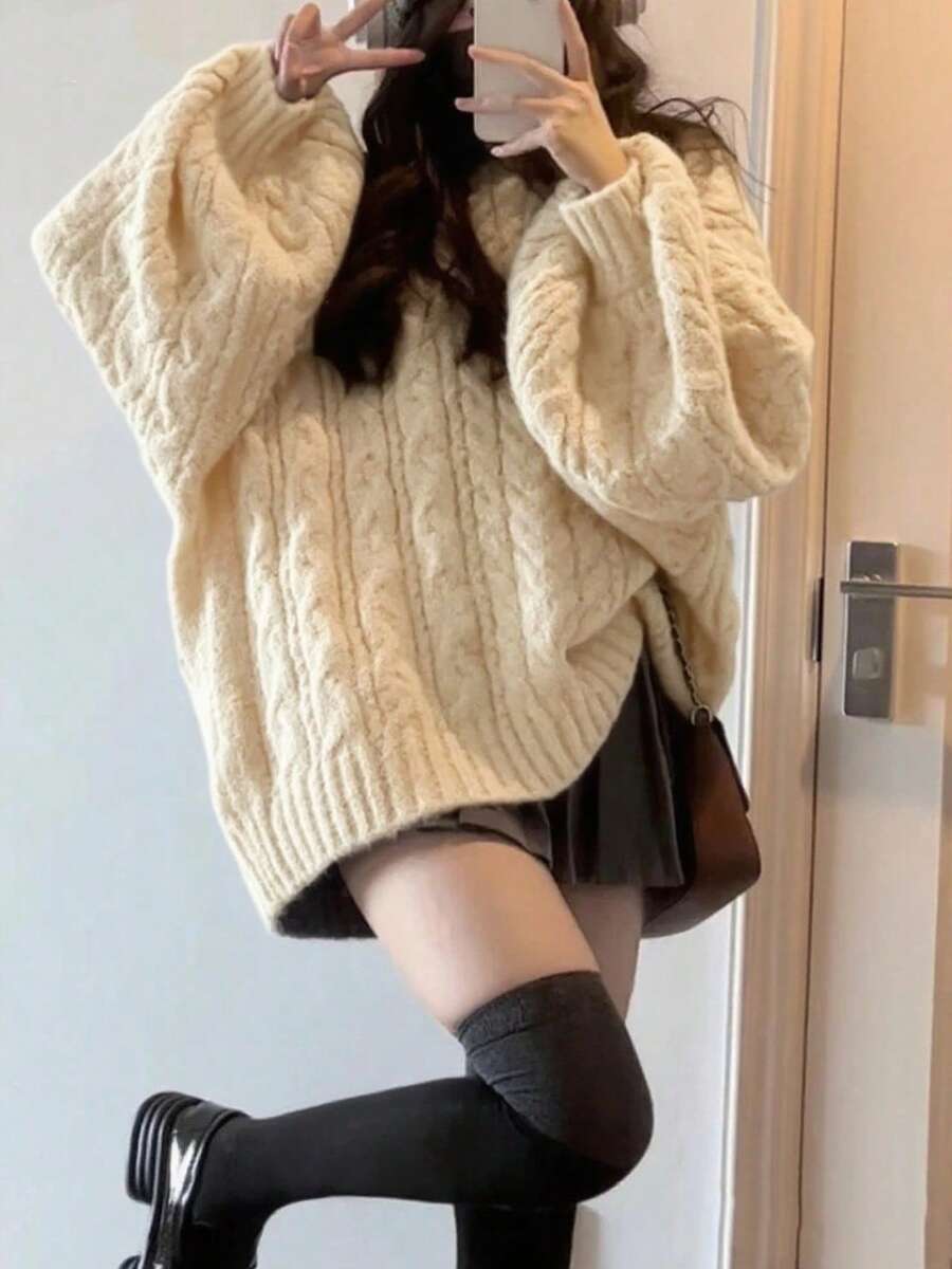 Oversized V-Neck Chunky Knit Sweater For Women, Slouchy Girl Style, New For Autumn/Winter 2022, Korean Loose Fit, Textured