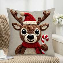 Fundas de cojín navideñas con diseño de muñeco de nieve, Papá Noel y reno. Decoración invernal para el hogar, ideal para fiestas navideñas. - caqui oscuro - Ver 2
