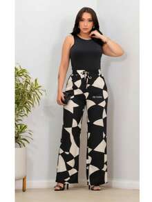 DUNA Fabric Pants With Lining, Elastic Waist - Black/beige - View 1