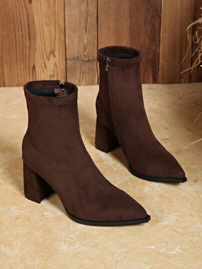 Fall/Winter Women's Fashion Pointed Toe Patent Leather Versatile Mid-Calf Chunky Heel Boots