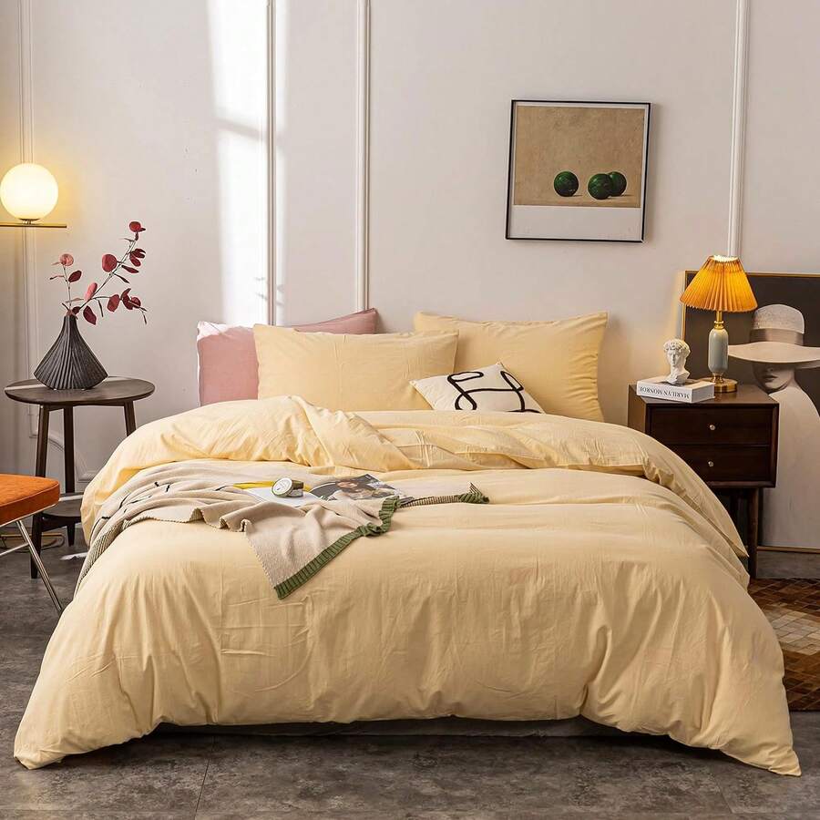Ultra Soft 100% Cotton Solid Color Dusty Pink Queen Duvet Cover Set With Zipper Closure - 3 Pieces, In 2025 - 奶油黃 - 查看 1