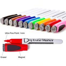 Magnetic Dry Wipe Pens Dry Erase Markers With Eraser Cap Low Odor Fine Tip Whiteboard Pens Pack Of 12, 10 Colors