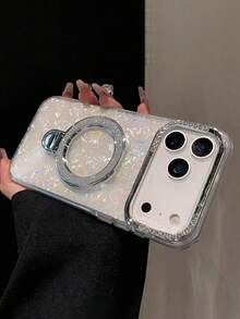 1pc Laser Love Seashell Texture Glitter Magnetic Holder Phone Case Compatible With Iphone 17 Pro Max 17 Pro 17 16 15 14 13 12 Pro Max 14 15 16 Plus 11 Luxury Stylish Rhinestone Camera Protection Back Cover