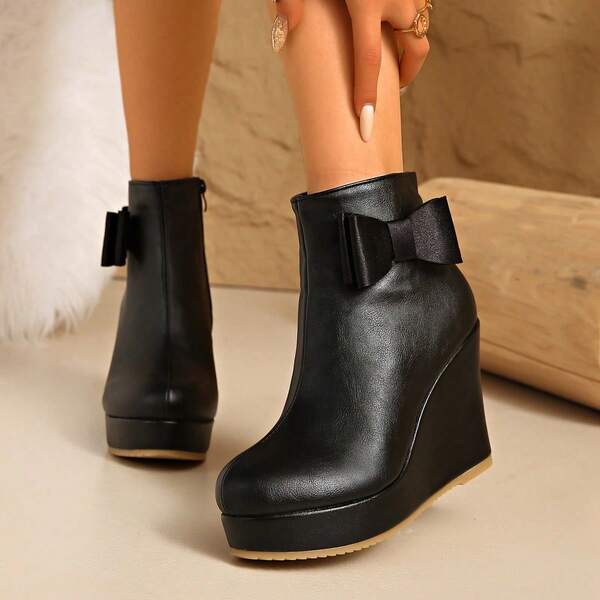 Women's Short Boots, New Autumn/Winter Bowknot Versatile Wedge Heel Casual Short Boots