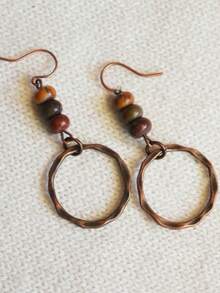 2pcs Vintage Handmade Beaded Wooden Bead Geometric Circle Boho Style Hoop Earrings For Women, Party - Multicolor - View 3