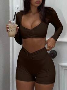 2件套女士休闲高弹粉色荷叶边领长袖短款上衣和短裤 - 咖啡棕 - 查看 4