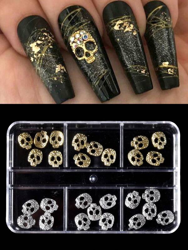 6 griglie/scatola Decorazioni per unghie in stile gotico punk retrò con teschi 3D in oro e argento, accessori per unghie in metallo stile Y2K, gemme per unghie stile scheletro, adatte per unghie acriliche, custodie per telefoni, scarpe, borse e forniture per unghie, regali fai-da-te per ragazze
