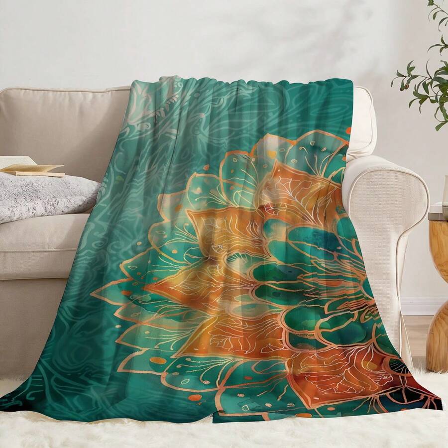 1pc Bohemian Green Mandala Flannel Throw Blanket - Soft, Warm, And Cozy With Vibrant Orange, Yellow, And Teal Patterns - Perfect For Sofa, Bed, Or Office - Ideal Gift For Friends And Family, Cute Throw Blanke