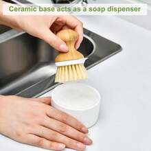 SUBEKYU Bamboo Dish Brush, Kitchen Dish Scrubber Brush With Soap Dispenser, Natural Wooden Dishwashing Brush For Cleaning Dishes_Pans_Pots, Built-In Scraper, Sisal Bristles,1 Set