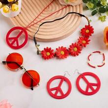 6PCS Hippie Costume Accessories Set 60s70s Retro Hippie Glasses Peace Sign Earrings And Necklace Sunflower Hair Band