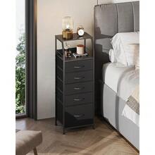 Black Fabric Dresser For Bedroom, Tall Nightstand With 5 Drawers & 2 Open Shelves, Modern Night Stand Organizer, Sturdy Steel Frame Bedside Table