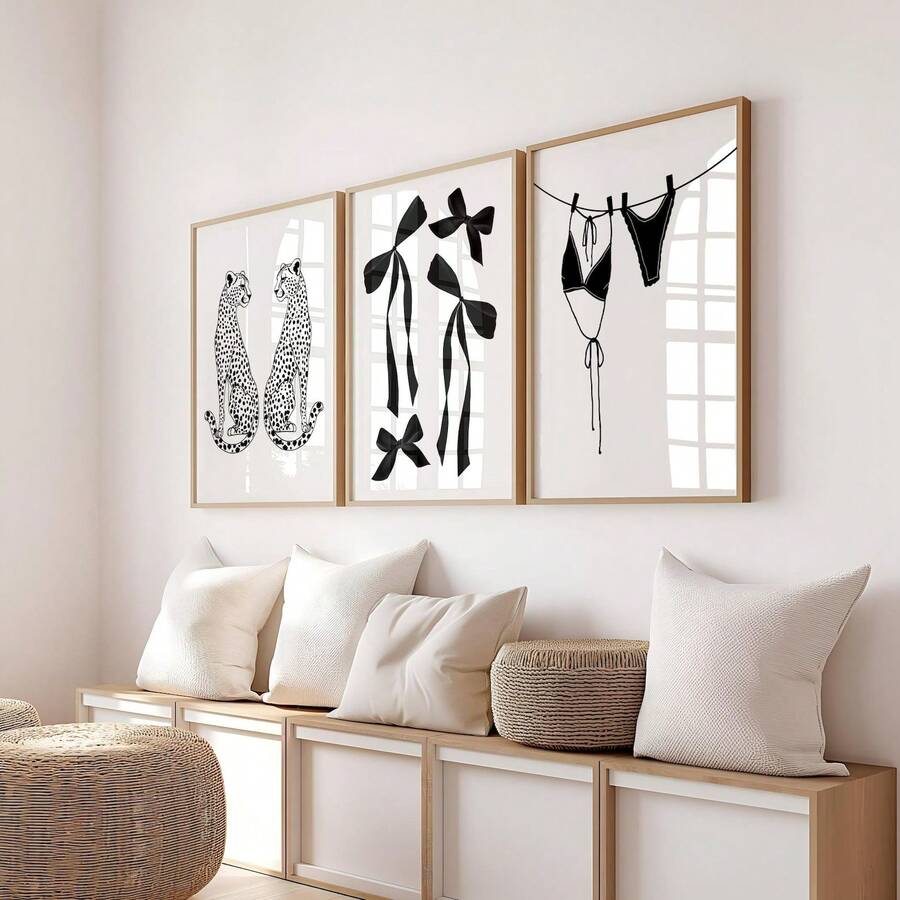 1/3 peças sem moldura estampa de leopardo preto e branco, design de laço estampado completo, conjunto de decoração de quarto monocromático feminino, arte de parede minimalista, pôsteres divertidos, decoração de quarto, impressões de parede para quarto, itens essenciais para dormitório universitário, estética de quarto feminino, presente chique para decoração de quarto de menina
