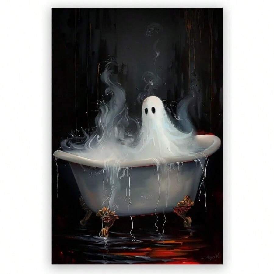Retro Halloween Bathroom Poster Funny Ghost In The Bathtub Wall Art Decor Dark Academia Gothic Ghosts Pictures Painting Canvas Print Horror Toilet Bathroom Home Decor Aesthetic 8x12inch Unframed# DOUYYY