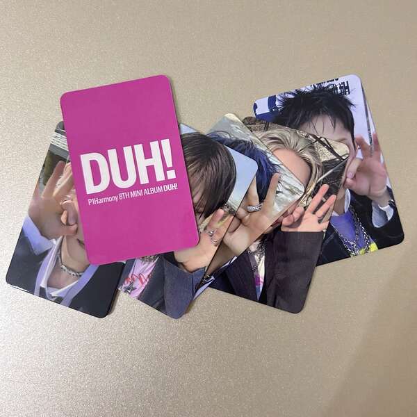 P1Harmony DUH Photo Card - Double-Sided Printed K4 LOMO Card, Glossy Coating, Official Member Album - Essential For P1 Harmony Fans, KEEHO, THEO, JIUNG Collectibles - (DUH! Photo Card), Vibrant Design, High-Quality Printing, Glossy Surface, Kpop Merchandise Gift