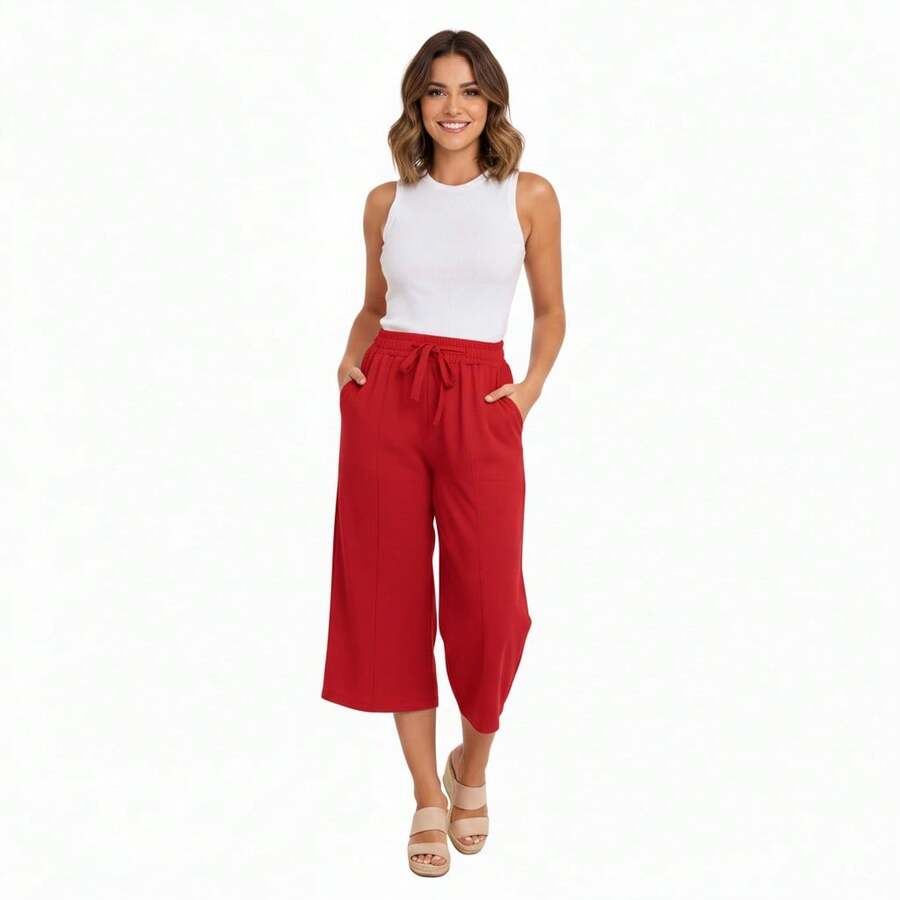Pantacourt Pants Plain Duna Fabric Fashion Blogger - Rojo - Ver 1