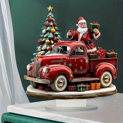 1pc Bohemian Style Christmas Decor - Acrylic Red Truck With Santa Claus Desktop Decoration, Home Themed, Multipurpose, Suitable For Home, Office, Cafe - Unique Gift Idea