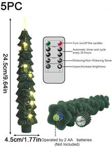 5支圣诞树造型无焰锥形蜡烛，带遥控定时器，3D火焰效果绿色LED烛台，营造圣诞家居氛围 - 綠色 - 查看 3