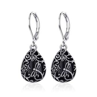 1 对优雅的黑色锆石 925 纯银玫瑰花和蜻蜓雕刻吊坠耳环，送给女士的绝佳礼物