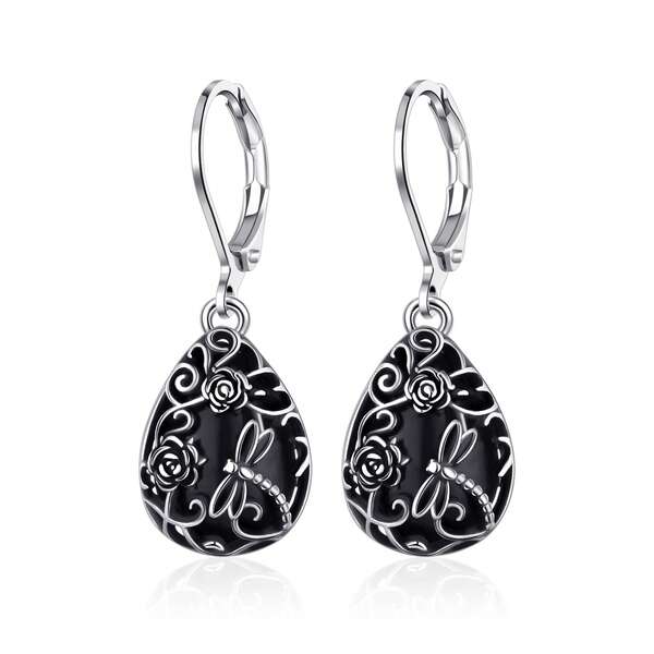 1 Pair Elegant Black Zirconia 925 Sterling Silver Rose Flower & Dragonfly Engraved Dangle Earrings, Great Gift For Women