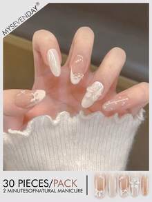 30pcs French Almond/3D Bow Flower Pearl Decor Silver-White Acrylic Fake Nails Set, Includes 1 Gel Polish And 1 Nail File, Suitable For Women's Daily Work, Study And Party Wear In Autumn/Winter. This Manicure Product Is Also Suitable For Parties, Festivals And Daily Use. - Multicolor - View 1