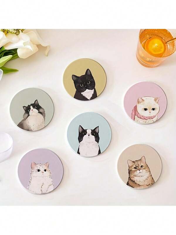 6pcs/Set Cat Themed Placemats - Silicone Heat Insulation Coasters - Coffee Cup Mats - Car Cup Holders - Suitable For Desktops - Office Workers - Car Drivers - Cafe Supplies - Hotel Tabletops - Easy To Clean