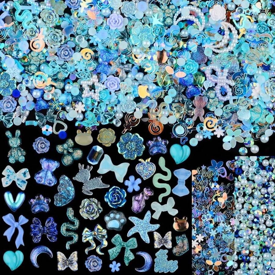 300pcs Nail Art Charms Kit,Over 100pcs Mixshape Resin Nail Gems And 100 Pcs Mixed Flatback Nail Rhinestones Pearls With Over 100pcs Nail Sequins For Nail Art Accessories(Blue){"Color_name":"100pcs-Blue"} - 100個-藍色 - 查看 1