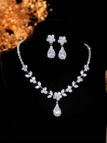 3pcs Zirconia Flower & Water Drop Elegant Necklace Earrings Jewelry Set, Suitable For Daily, Bridal, Wedding, Party