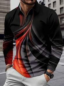 Men's Autumn/Winter Long Sleeve Gradient Striped Print Contrast Color Polo Shirt, Suitable For Casual, Golf, Business Occasions - Black - View 10