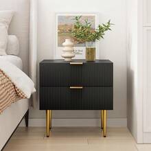 Black Nightstand, Mid Century Modern Night Stand With 2 Wave Fluted Panel Drawers, Bedside Table With  Metal , Bedroom Set Wide Tabletop Bed Side Table, End Tables For Living Room