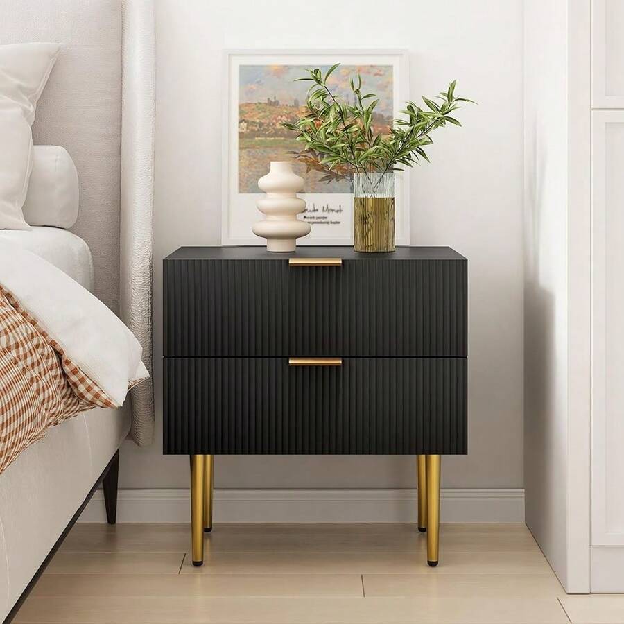 Black Nightstand, Mid Century Modern Night Stand With 2 Wave Fluted Panel Drawers, Bedside Table With  Metal , Bedroom Set Wide Tabletop Bed Side Table, End Tables For Living Room