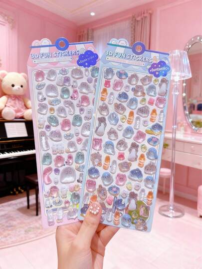 可爱浮雕纹理贴纸，防水透明水晶贴纸，适合作为儿童奖励礼物，卡通幽灵、怪兽、动物主题材质，可用于手机壳、杯子、玩具、冰箱、手机等3D装饰。