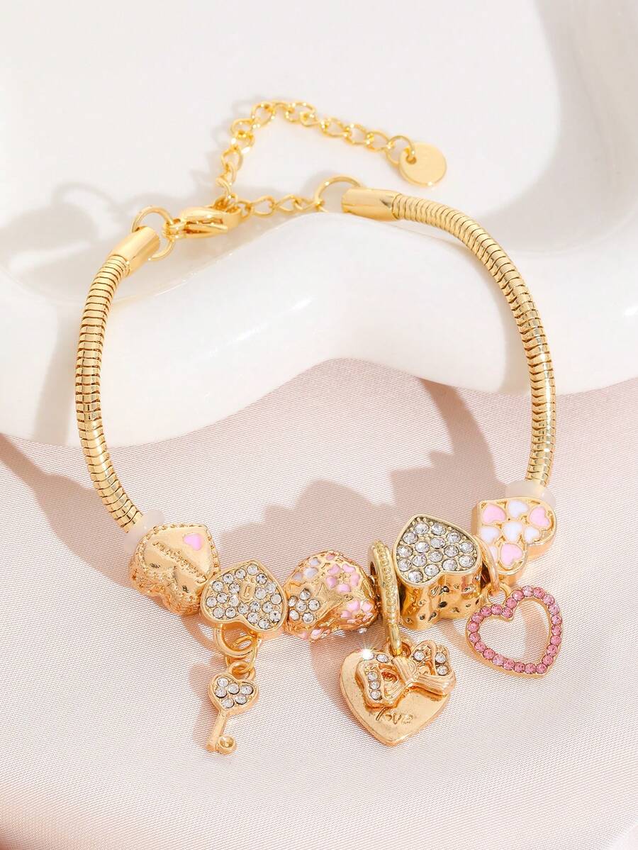 1 件金色不锈钢链式手链，心形 DIY 珠宝吊坠，优雅珐琅工艺，适合婚礼、爱情、度假、返校季节佩戴情人节 - 金色 - 查看 1