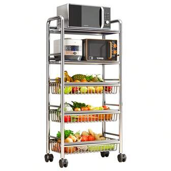 这款3-5层不锈钢滚动推车，是厨房收纳整理的理想之选。多功能移动蔬菜架既可作为蔬菜收纳架，又可作为厨房、浴室或洗衣房的实用推车，其实用的置物架和时尚的设计，让您轻松取用所需物品，提升空间格调。无论是节假日备餐还是日常使用，这款多功能推车都能提升您的家居装饰格调，同时让您的必需品触手可及。
