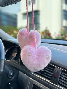 1 件毛绒心形后视镜挂饰，汽车内饰配件 - 粉色 - 查看 7