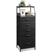 Black Fabric Dresser For Bedroom, Tall Nightstand With 5 Drawers & 2 Open Shelves, Modern Night Stand Organizer, Sturdy Steel Frame Bedside Table