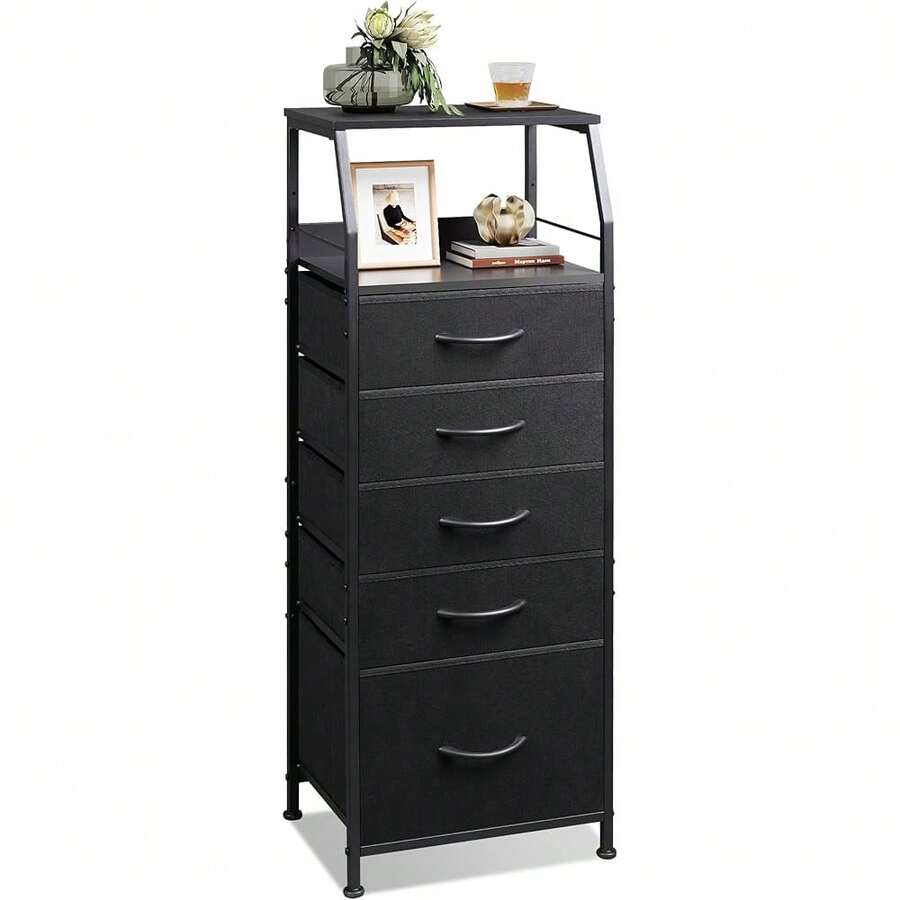 Black Fabric Dresser For Bedroom, Tall Nightstand With 5 Drawers & 2 Open Shelves, Modern Night Stand Organizer, Sturdy Steel Frame Bedside Table