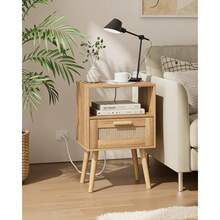 Bedroom Nightstands Wooden Night Stands With Rattan Weaving Drawer  Bedside End Table For Bedroom Storage (Bohemian-White)
