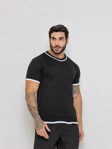 Men's Rib Knit Short Sleeve T-Shirt Round Neck High Stretch Regular Fit Tee - Black - View 1