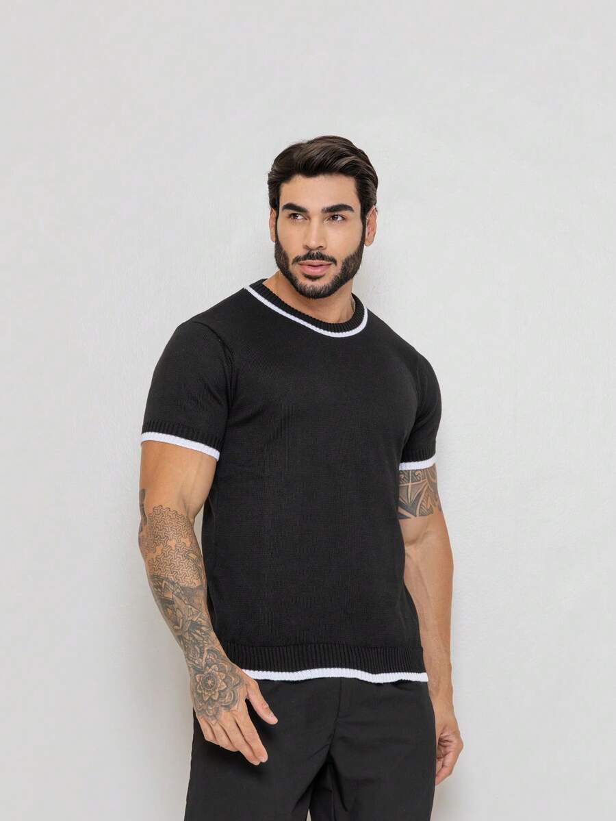 Men's Rib Knit Short Sleeve T-Shirt Round Neck High Stretch Regular Fit Tee - Black - View 1