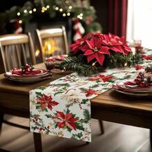 1 Set Leinen Weihnachts-Tischläufer, entworfen mit einem Poinsettia-Muster mit Tannenzweigen, Stechpalme und Beeren als Verzierungen, strapazierfähige Polyester rechteckige Tischdecke, Weihnachtsdekoration geeignet für ländliche Feiertags-Dekoration