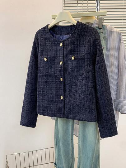 YUXIN 春秋冬皆宜！女士海军蓝粗花呢圆领短款外套，金色纽扣。对称口袋设计，通勤约会日常街头风，优雅实用