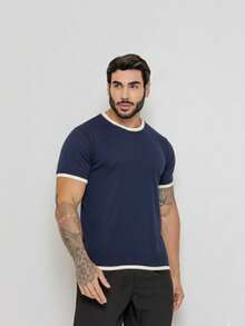 Men's Rib Knit Short Sleeve T-Shirt Round Neck High Stretch Regular Fit Tee - Navy Blue - View 3