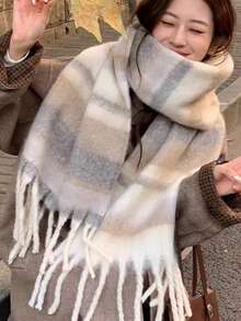 1pc Ladies' Autumn And Winter New Retro Maillard Scarf, Outdoor Versatile Warm And Thick Atmosphere Scarf Shawl, Couple Plaid Tassel Scarf, Suitable For Men And Women Women Winter Scarves