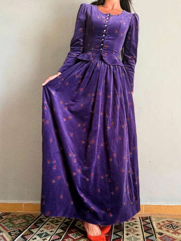 Women's Elegant Full-Body Printed Small Floral Stitching Elegant Front Button, Lavender Corduroy Velvet Jacket And Skirt, Autumn And Winter Floral Romantic Grassland Style
