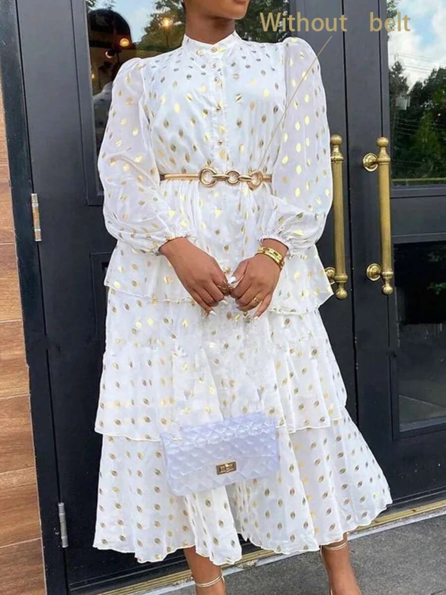 Plus Size Women Elegant Ruffle Hem Mid-Length Polka Dot Print Long Sleeve Button Maxi Dress, Formal Chiffon Gown - White - View 1