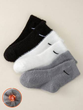3 Pairs Of Children's Winter Warm Black And White Gray Series With Mink Fur Material, Soft And Comfortable, Paired With Jacquard Design, Simple And Fashionable Design, Daily Home Floor Socks