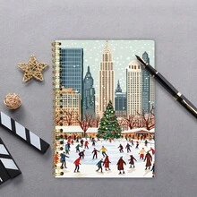 1pc A5 Hardcover Spiral Notebook, City Christmas Ice Skating Theme: Winter Festive Scene Notebook, College Ruled Thick Paper Spiral Notebook With Sticky Notes & Sketching, Suitable For Men & Women, 50 Pages, Size 14.48*21.08cm, Perfect Gift For Friends, Family, Students & Colleagues!